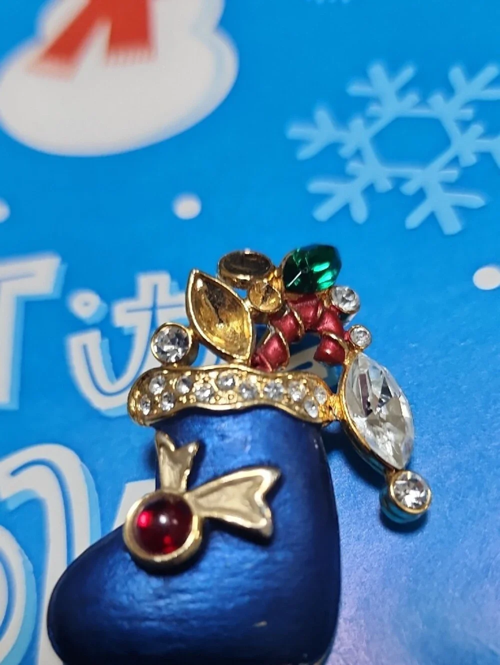 Blue Holiday Stocking Brooch with Rhinestones